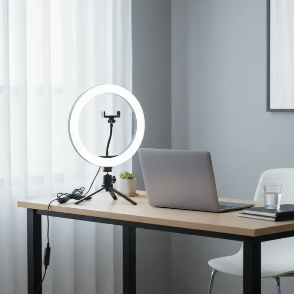 Anneau LED Selfie 16/26/33cm Dimmable Bi-color pour photos et vidéos parfaites Anneau LED selfie dimmable bi-color 16 26 33cm avec support de smartphone sur bureau moderne