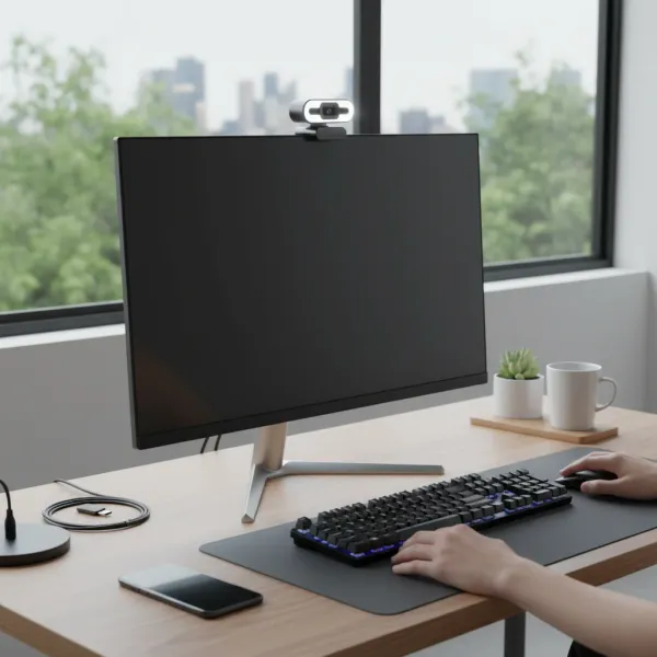 Webcam Lenovo 4K avec éclairage et microphone installée sur un écran d'ordinateur moderne