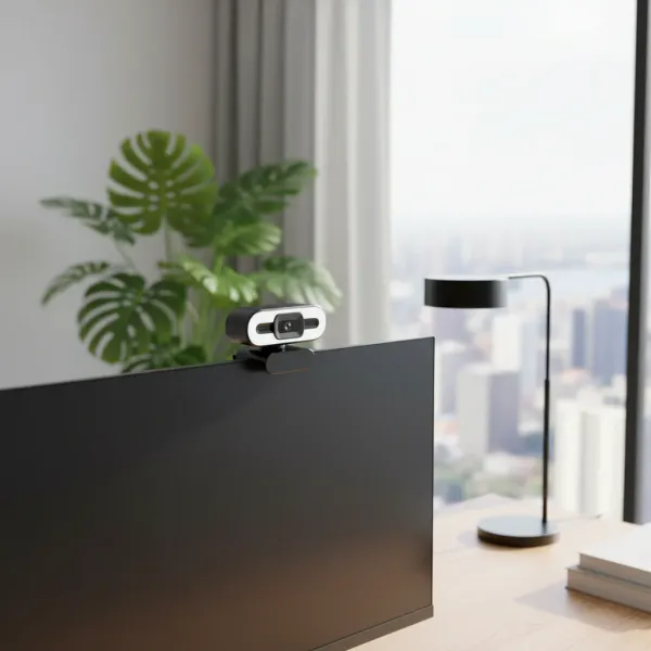 Webcam Lenovo 4K Fill Light montée sur un écran d'ordinateur en angle avant