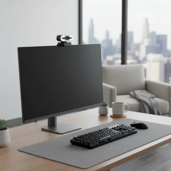 Webcam Lenovo 4K Fill Light avec autofocus et microphone montée sur un écran d'ordinateur