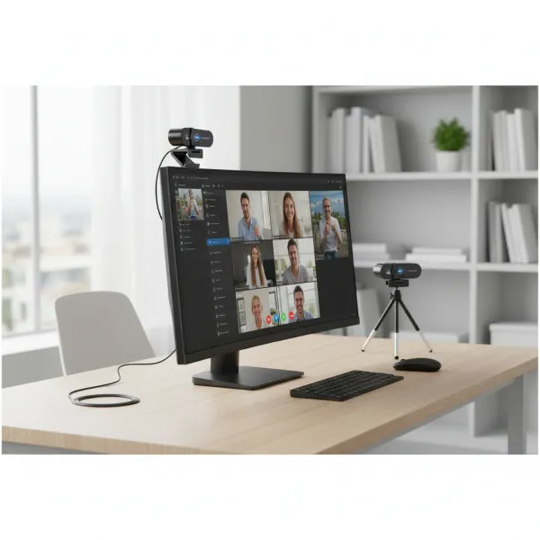 Lenovo webcam 4K avec autofocus et microphone installé sur écran et trépied au bureau