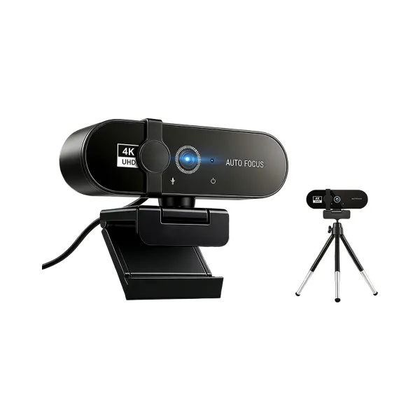Webcam Lenovo 4K avec autofocus et microphone intégré, montée sur support et trépied