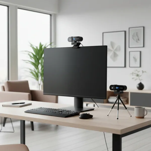 Webcam Lenovo 4K avec autofocus et microphone posée sur un écran d'ordinateur et sur un trépied