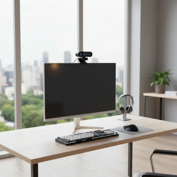 Webcam Lenovo 4K avec autofocus et microphone montée sur un écran d'ordinateur