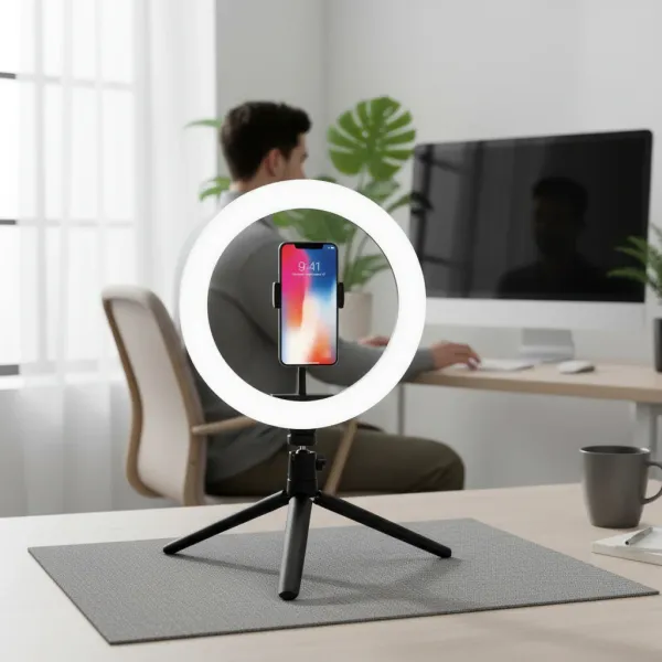 Anneau LED 26cm avec trépied et support téléphone en utilisation pour selfies et streaming
