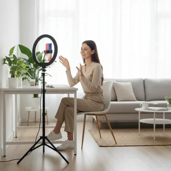 Femme utilisant un anneau LED 26cm avec trépied pour selfie et streaming dans un salon moderne