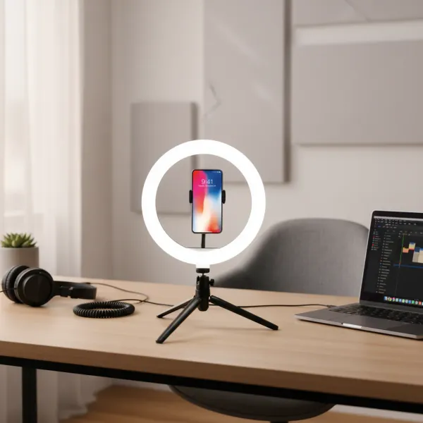 Anneau LED 26cm sur trépied avec support téléphone, lumière dimmable pour selfies et streaming