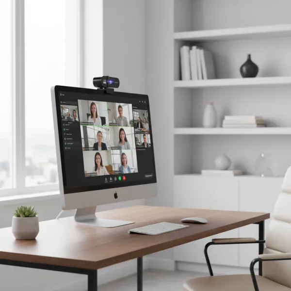 Lenovo Webcam Full HD 1080p avec autofocus et microphone USB installée sur un écran d'ordinateur en visioconférence