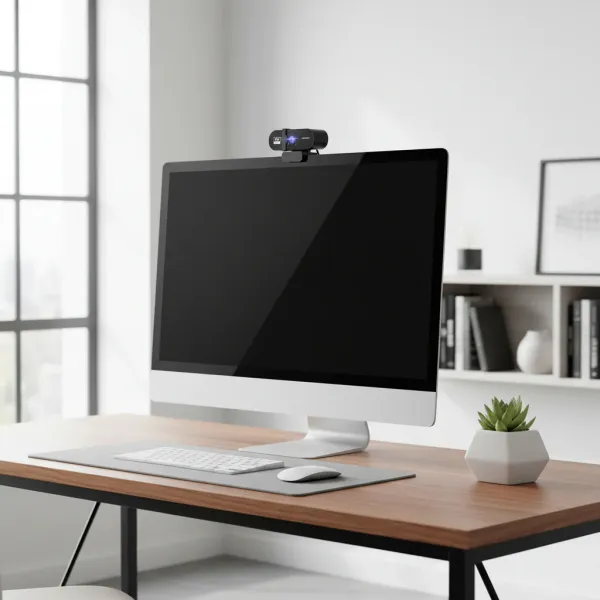 Webcam Lenovo Full HD 1080p avec autofocus et microphone USB fixée sur un écran d'ordinateur