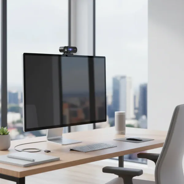 Webcam Lenovo Full HD 1080p avec autofocus et microphone USB installée sur un écran d'ordinateur dans un bureau moderne