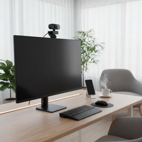 Webcam USB avec micro intégrée montée sur un écran d'ordinateur pour appels vidéo et streaming