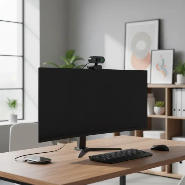 Webcam USB avec micro clipée sur écran d'ordinateur pour appels vidéo et streaming