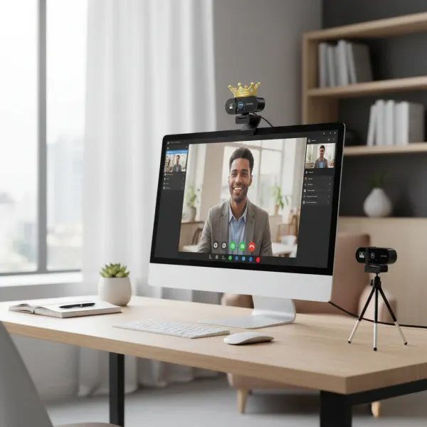 Webcam 4K UHD avec autofocus et microphone intégré installée sur un ordinateur de bureau en visioconférence