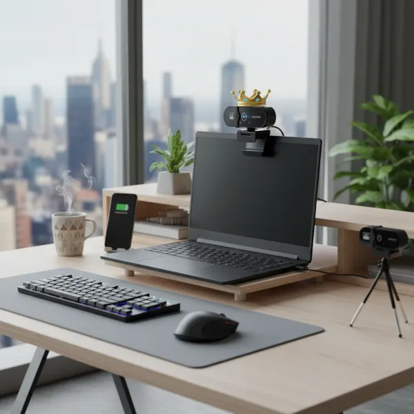 Webcam 4K UHD avec autofocus et microphone intégré fixée sur un ordinateur portable dans un bureau moderne