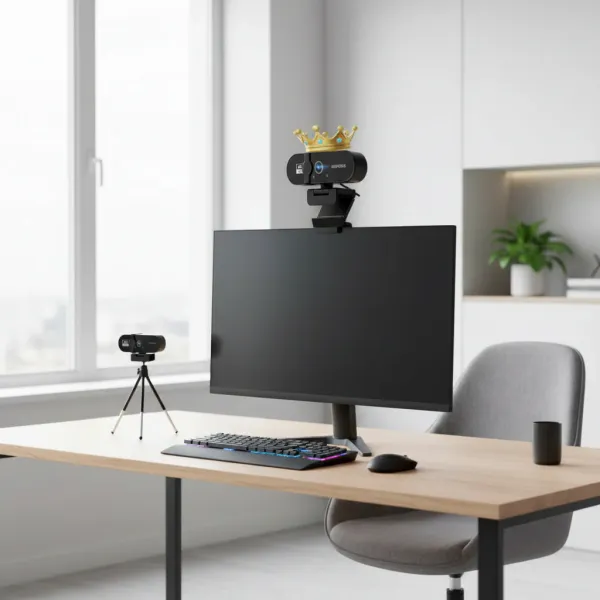 Webcam 4K UHD avec autofocus et microphone intégré placée sur un écran d'ordinateur