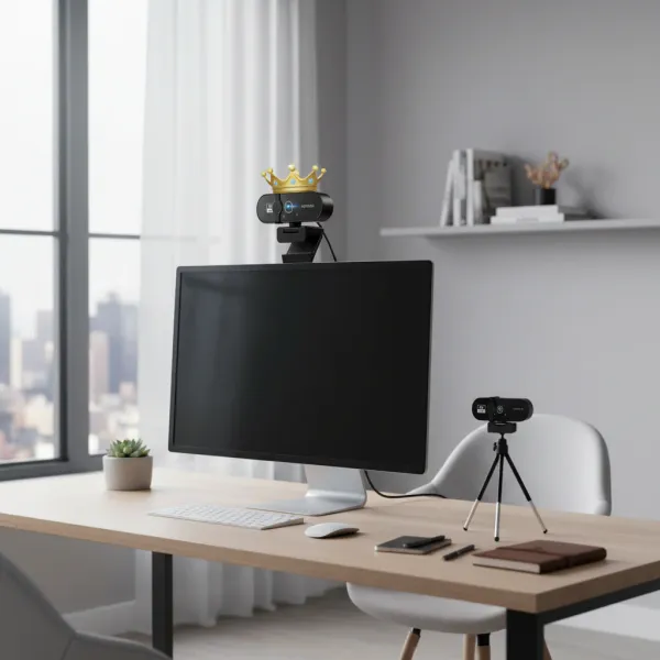 Webcam 4K HD avec autofocus et microphone montée sur écran d'ordinateur et sur trépied sur bureau moderne