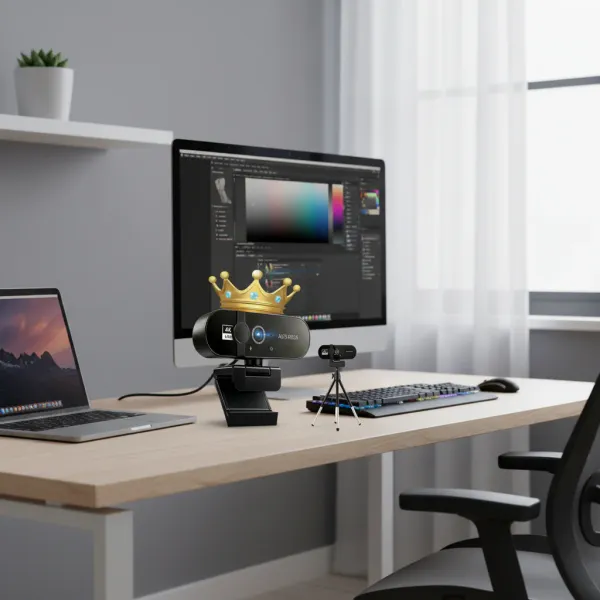 Webcam 4K HD avec autofocus et microphone posée sur bureau devant un ordinateur