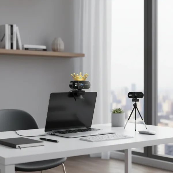 Webcam 4K HD autofocus avec microphone installée sur un ordinateur portable et sur un trépied dans un bureau lumineux