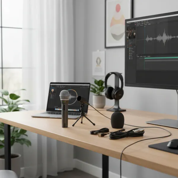 Microphone Samson Q2U dynamique main avec connecteurs USB et XLR installé sur un bureau moderne