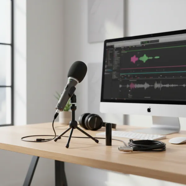 Samson Q2U microphone dynamique main avec connexion USB et XLR sur bureau avec ordinateur et casque audio