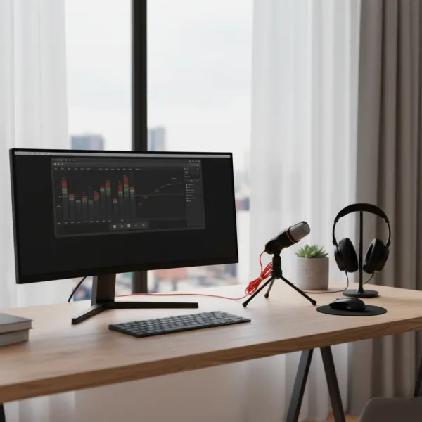 Microphone WYMECT Professional Sound pour podcast et streaming avec ordinateur sur un bureau moderne