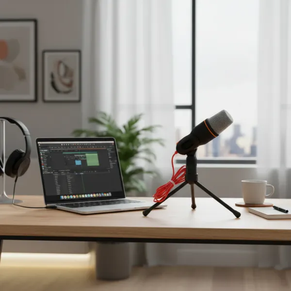 Microphone WYMECT professionnel pour podcast et streaming sur bureau avec ordinateur portable