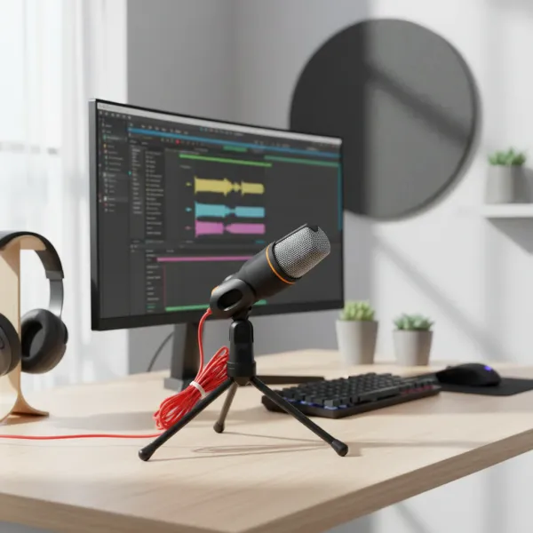 Microphone WYMECT Professional Sound sur trépied avec câble rouge sur bureau devant écran ordinateur