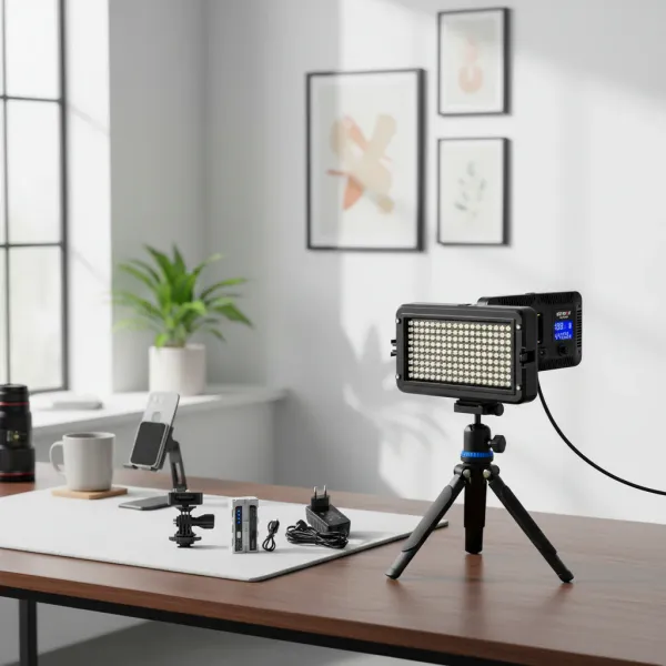 Viltrox VL-162T Panneau LED Bi-color CR95 sur trépied avec accessoires sur bureau