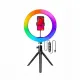 Anneau LED RGB dimmable avec trépied noir et support téléphone central, éclairage multicolore