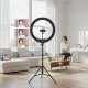 Ring Light LED 50W Bi-color 3000K-6000K AMBITFUL KN-21C avec télécommande devant un salon moderne